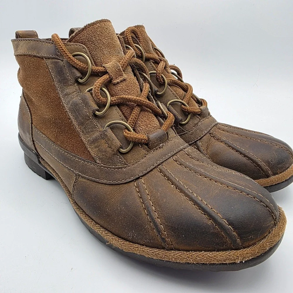 UGG Heather Womens 7 Duck Rain Ankle Boot Coconut‎ Shell Brown Leather Lace Up
